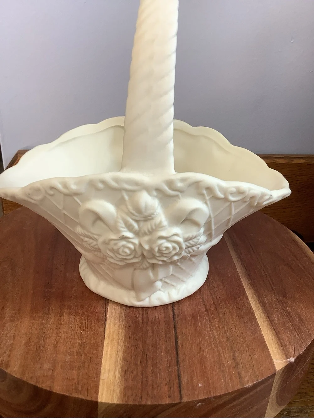 Vintage Ivory Ceramic Floral Basket Decorative Accent